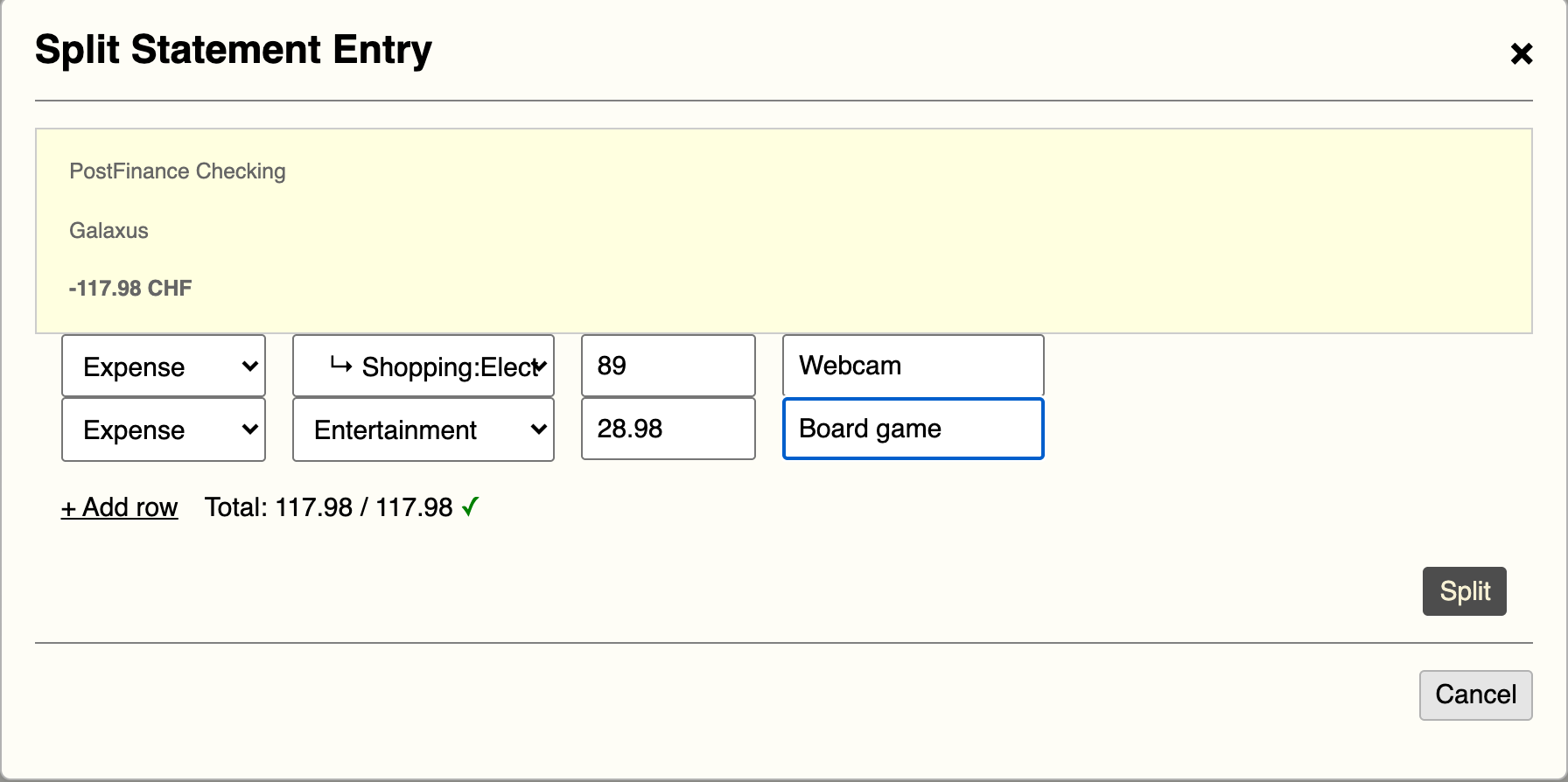 The Split dialog for a CHF 117.98 Galaxus order, broken into a CHF 89 webcam under Shopping: Electronics & Home and a CHF 28.98 board game under Entertainment, with a green checkmark confirming the total matches.